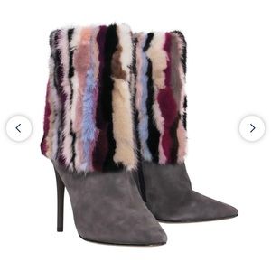 Brian Atwood - Grey Suede Pointed Toe Boots W/ Multicolored Fur Sz 7.5